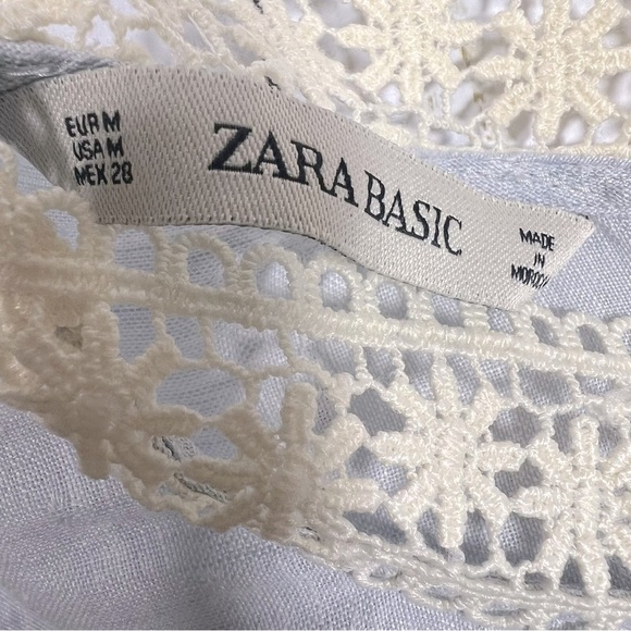 Zara Prairie Cottagecore Linen Crocheted Lace Trim Long Sleeve Blue Top Blouse M - Picture 11 of 14